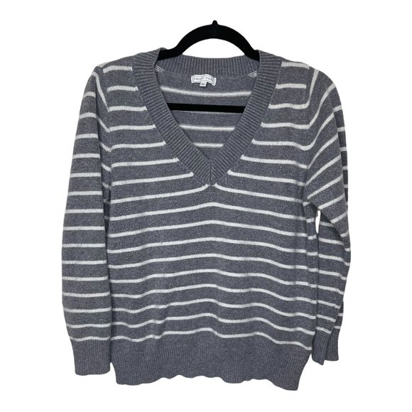 emory park Tops - Women's Emory Park Long Sleeve V-Neck Gray White Stripe Sweater  | L